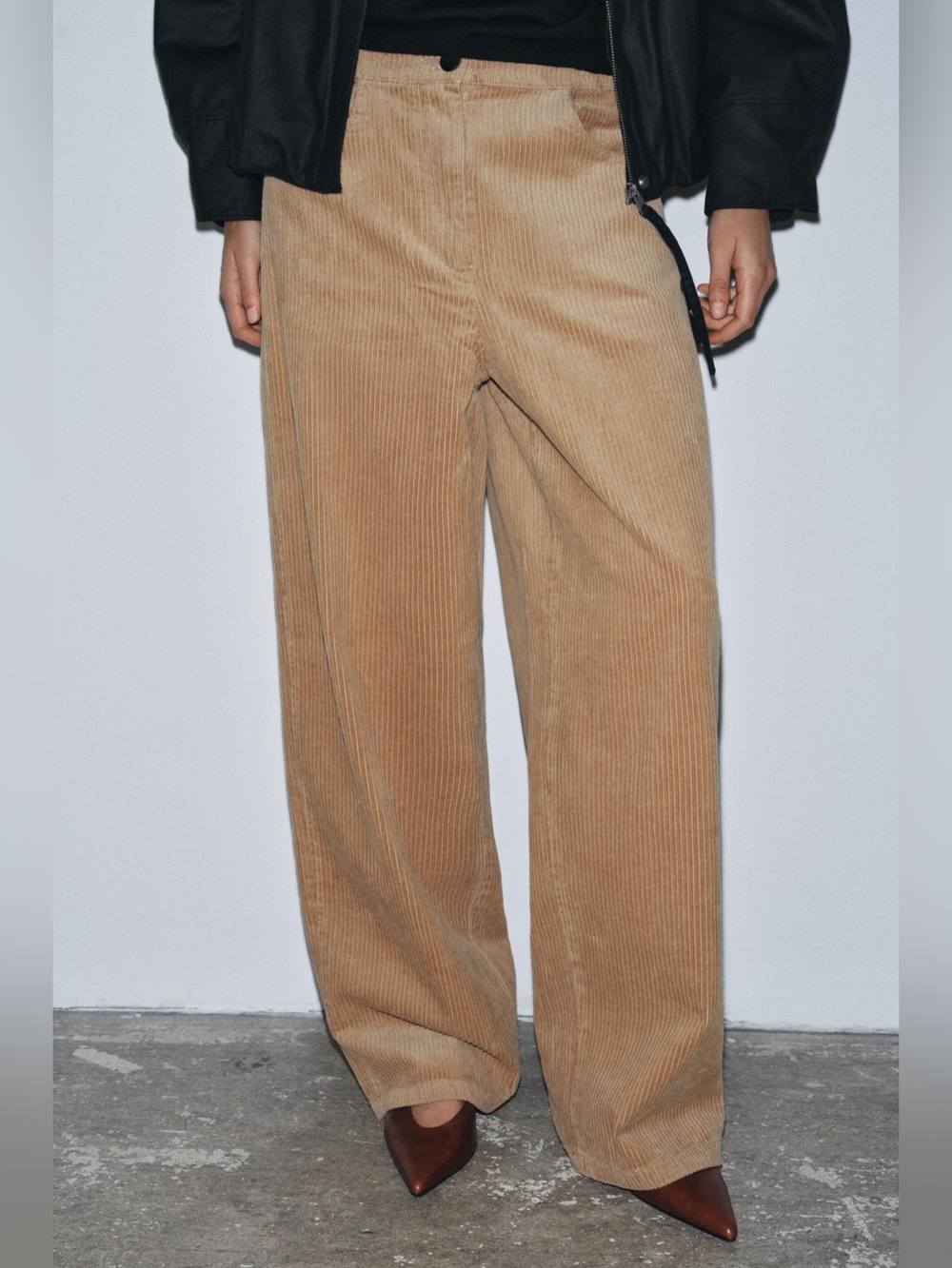 Zara ZW Collection Corduroy Wide-Leg Trouser Pants in Camel Brown